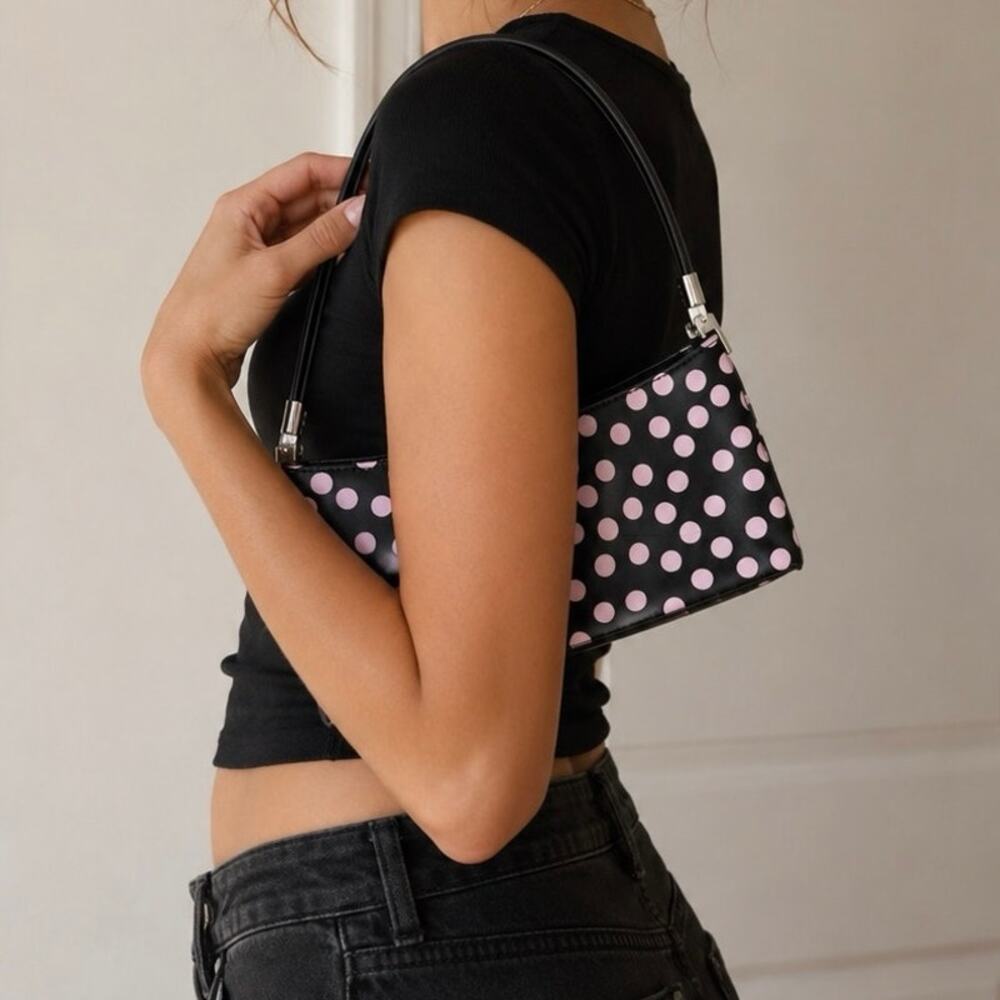Vintage Y2K Black Nylon Pink Polka Dot Shoulder Bag Coquette Soft Girl